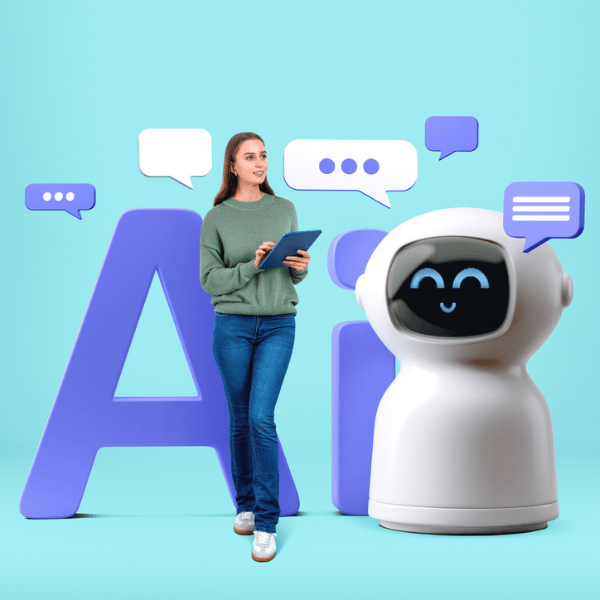 AI Tech Bot Agenter. Kvinde der taler med AI