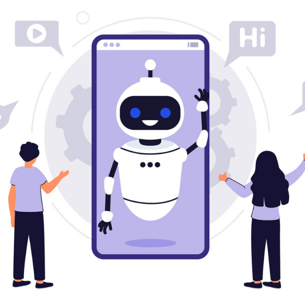 2 personer som taler med en AI Chat bot agent